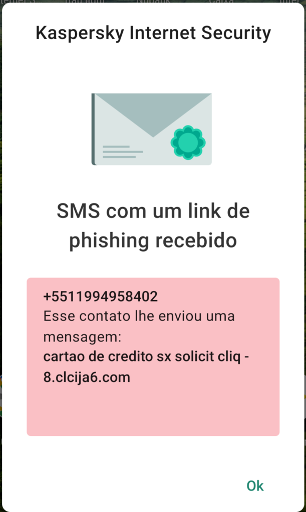  Mensagem bloqueada com link de tentativa de ataque phishing pelo SMS ou SMISHING